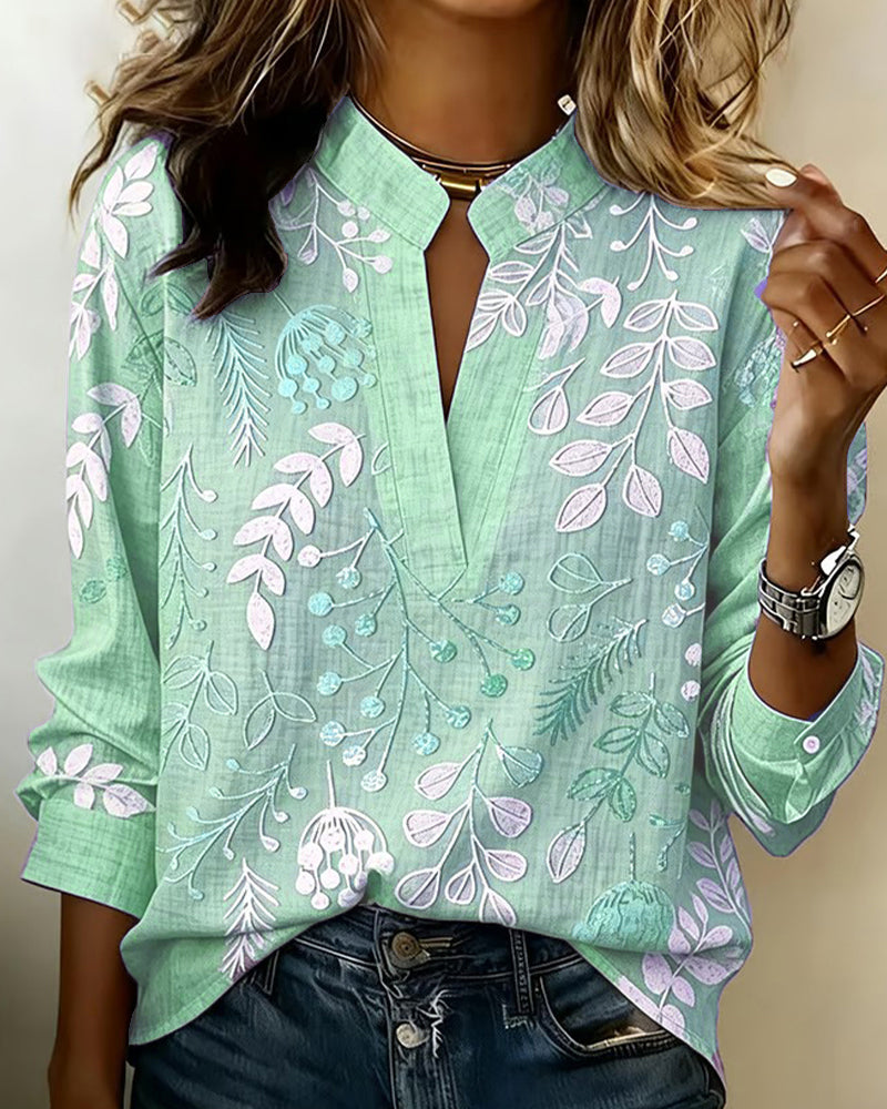 Drynora™ - Blouse femme imprimée florale col ouvert manches longues style élégant