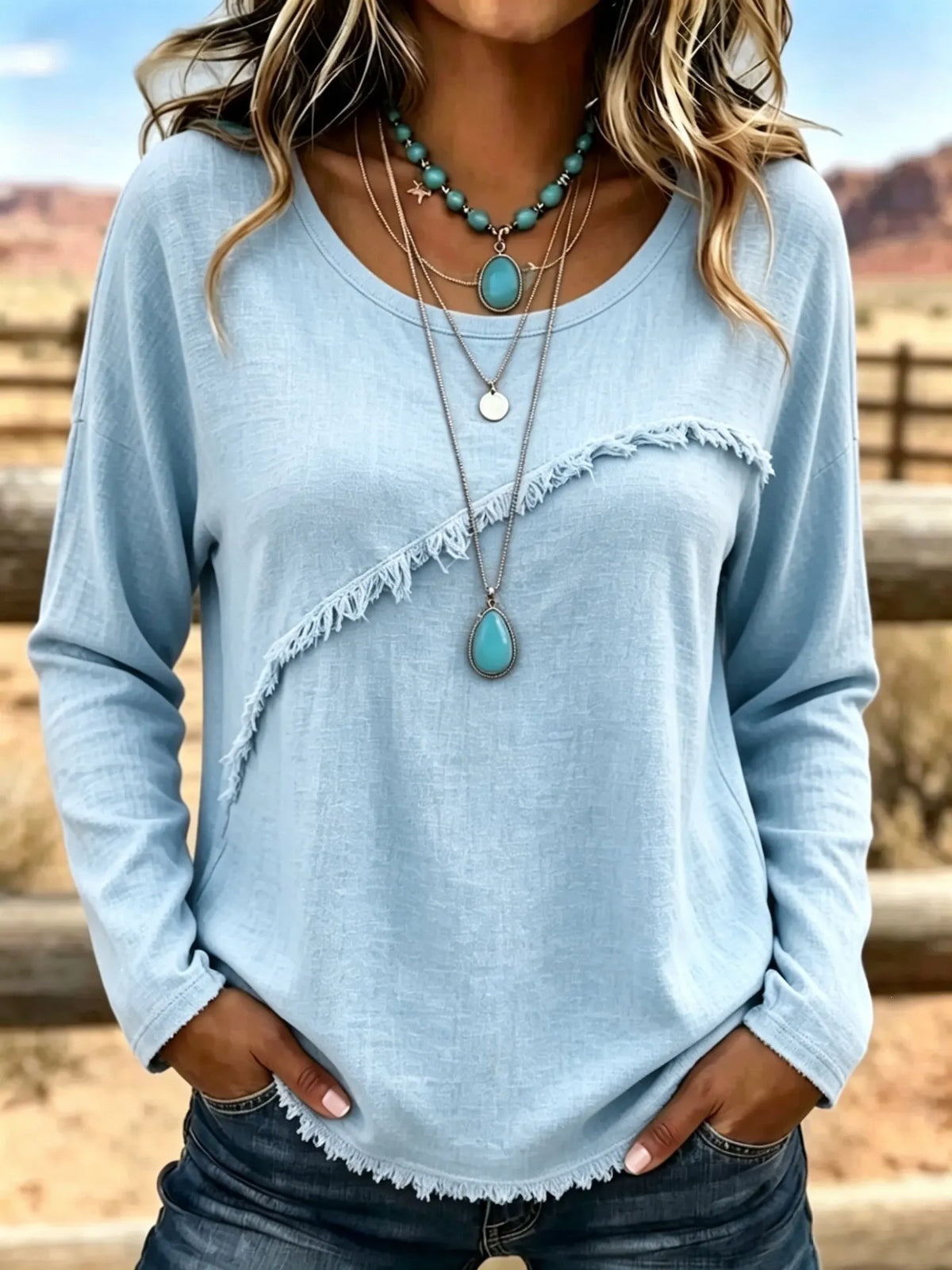 Elsemieke - Blouse femme vintage à col rond avec franges