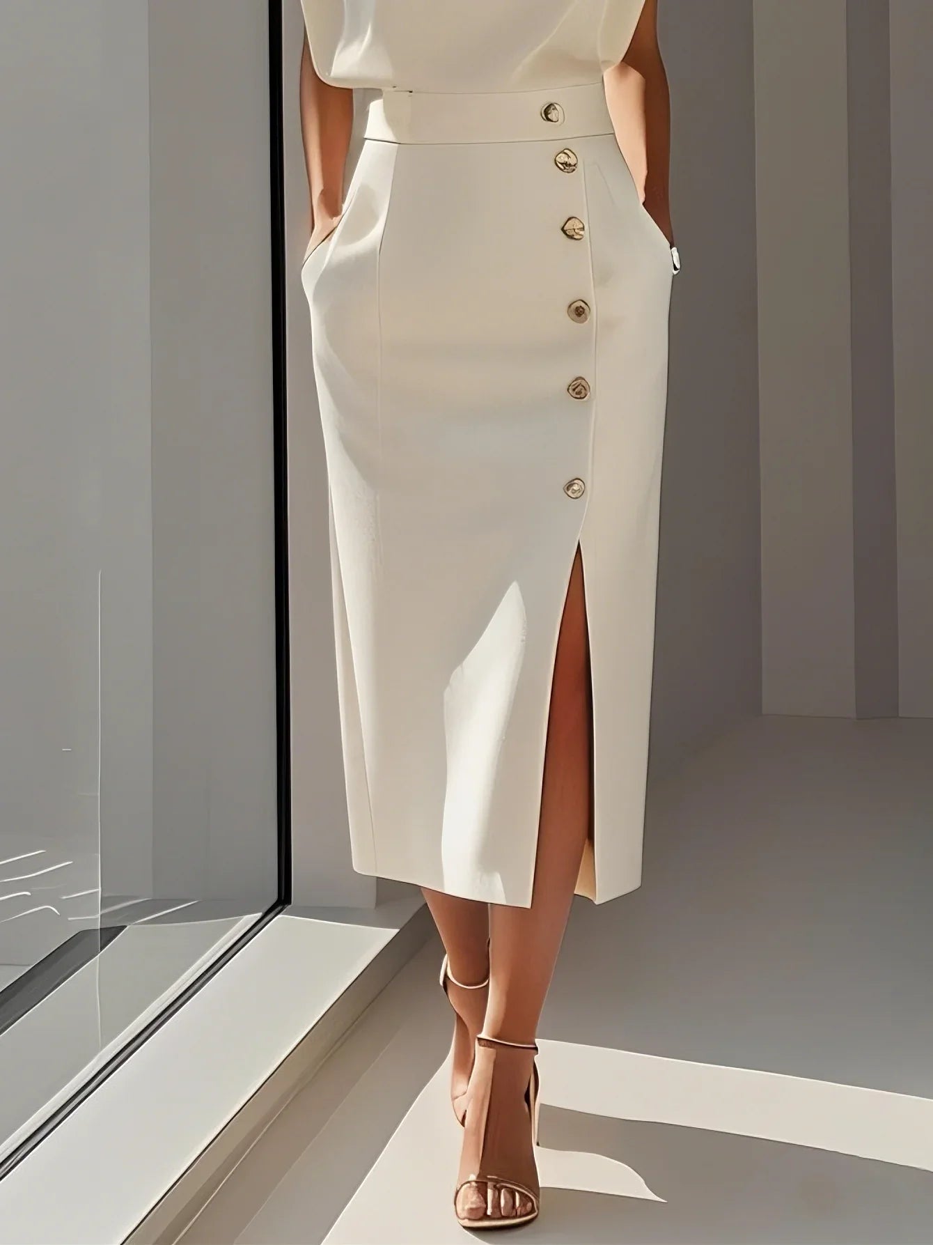 Floralia™ - Robe midi unie avec fente à boutons et décolleté rond