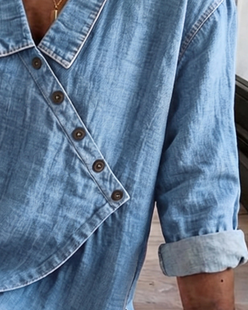 Mélusine - Blouse femme ample effet denim à boutons diagonaux