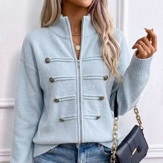 Teuntje - Gilet en maille femme à col montant zippé et boutons décoratifs