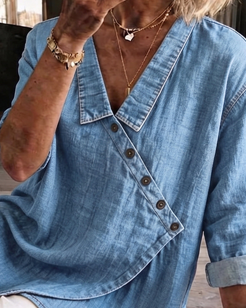 Mélusine - Blouse femme ample effet denim à boutons diagonaux