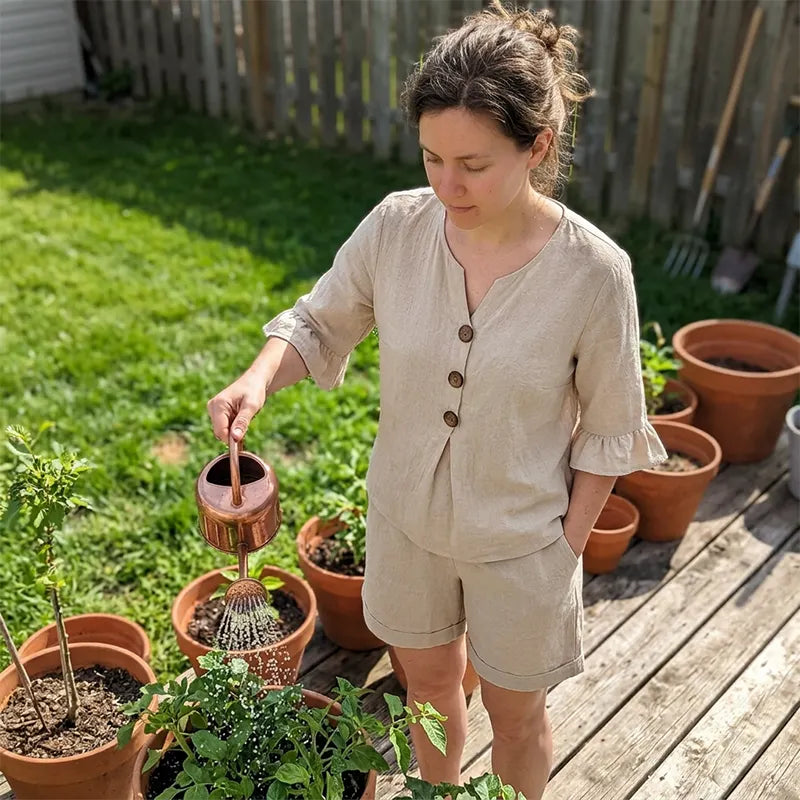 Telora - Ensemble femme en coton avec haut boutonné et short