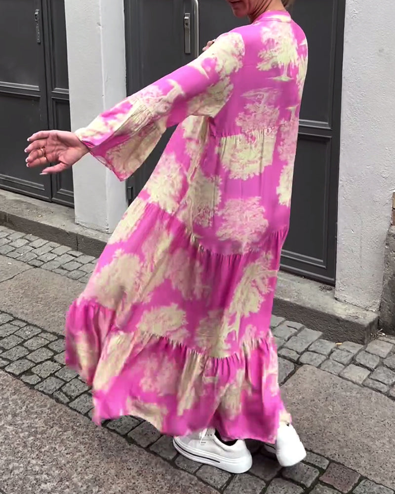Greta™ - Robe Patchwork Ample avec Col en V et Manches Cloches Imprimées