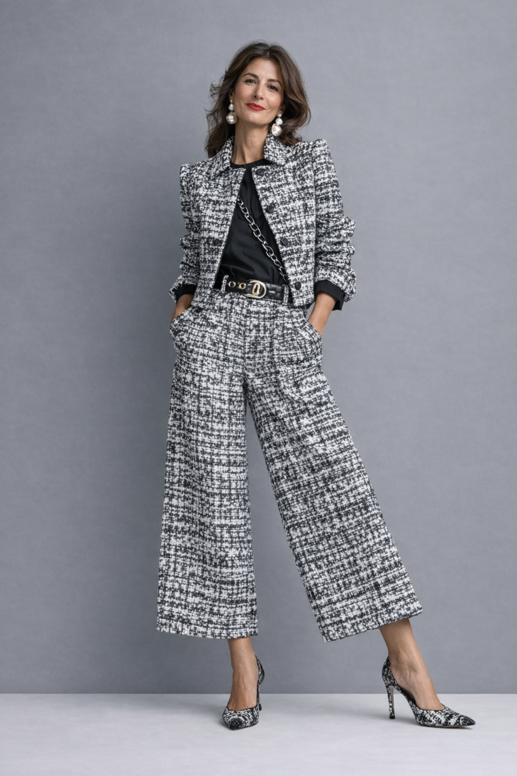 Luneth - Ensemble femme en tweed avec veste courte et pantalon large