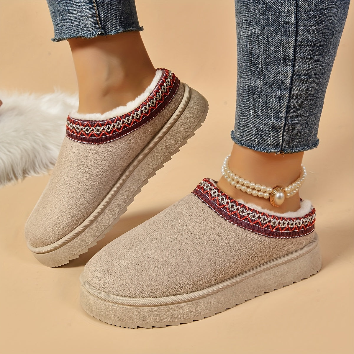 Ethnic-Inspired Slip-On Boots - Warm, Comfortable, Stylish, Faux Fur Lined, Low Heel, Black and Brown