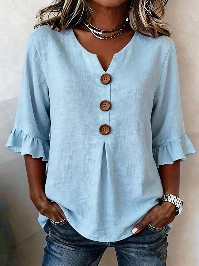 Tyvora™ - Blouse femme unie fluide manches volantées boutons bois style bohème