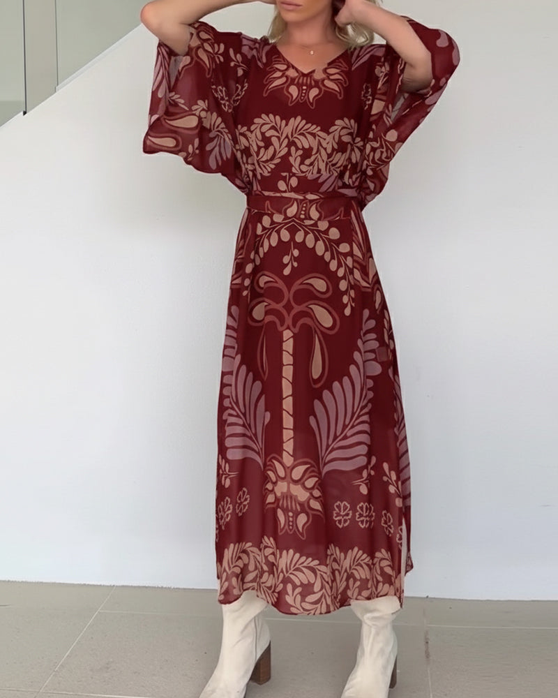Praxellea™ - Robe bohème femme maxi ample col V imprimé feuilles élégant