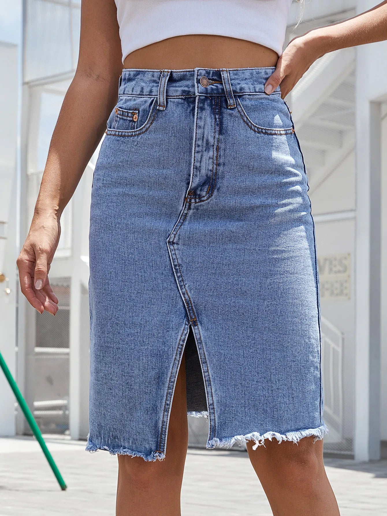 Amarys - Jupe en jean femme taille haute avec fente avant