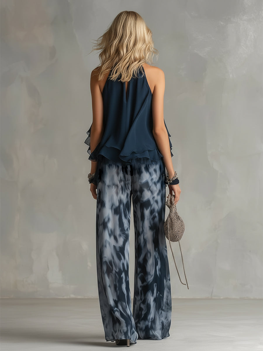 Pheronia™ - Ensemble femme deux pièces chiffon top col halter pantalon large imprimé