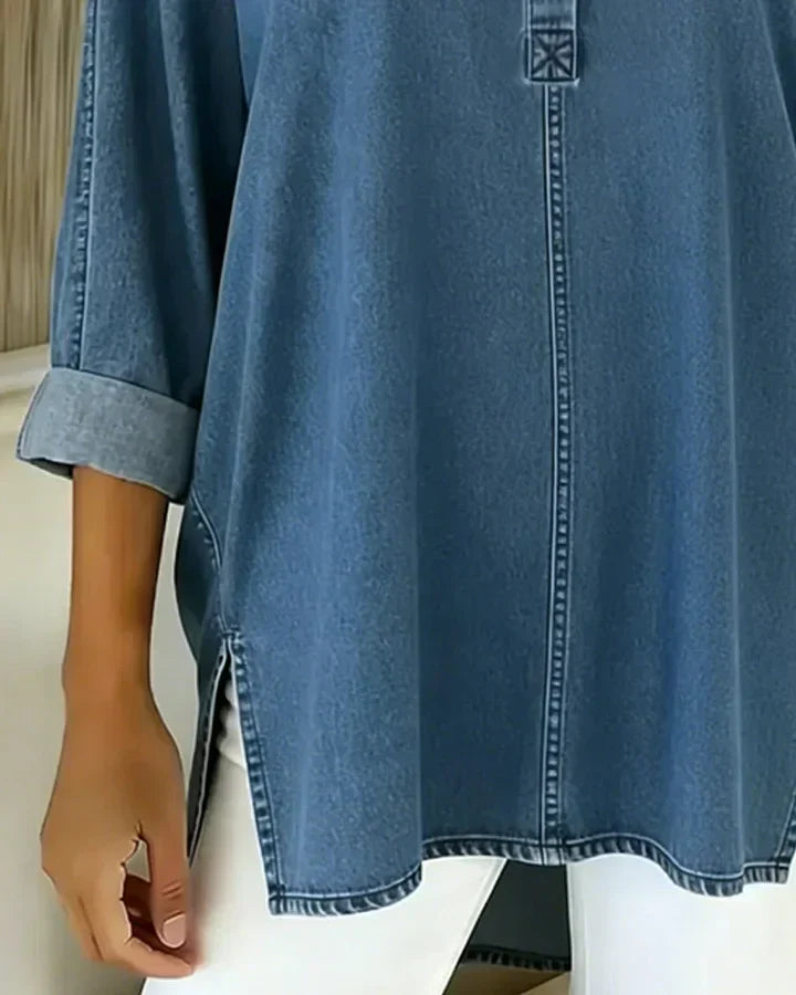 Heliravessa - Haut en Denim Décontracté Boutonné Col V