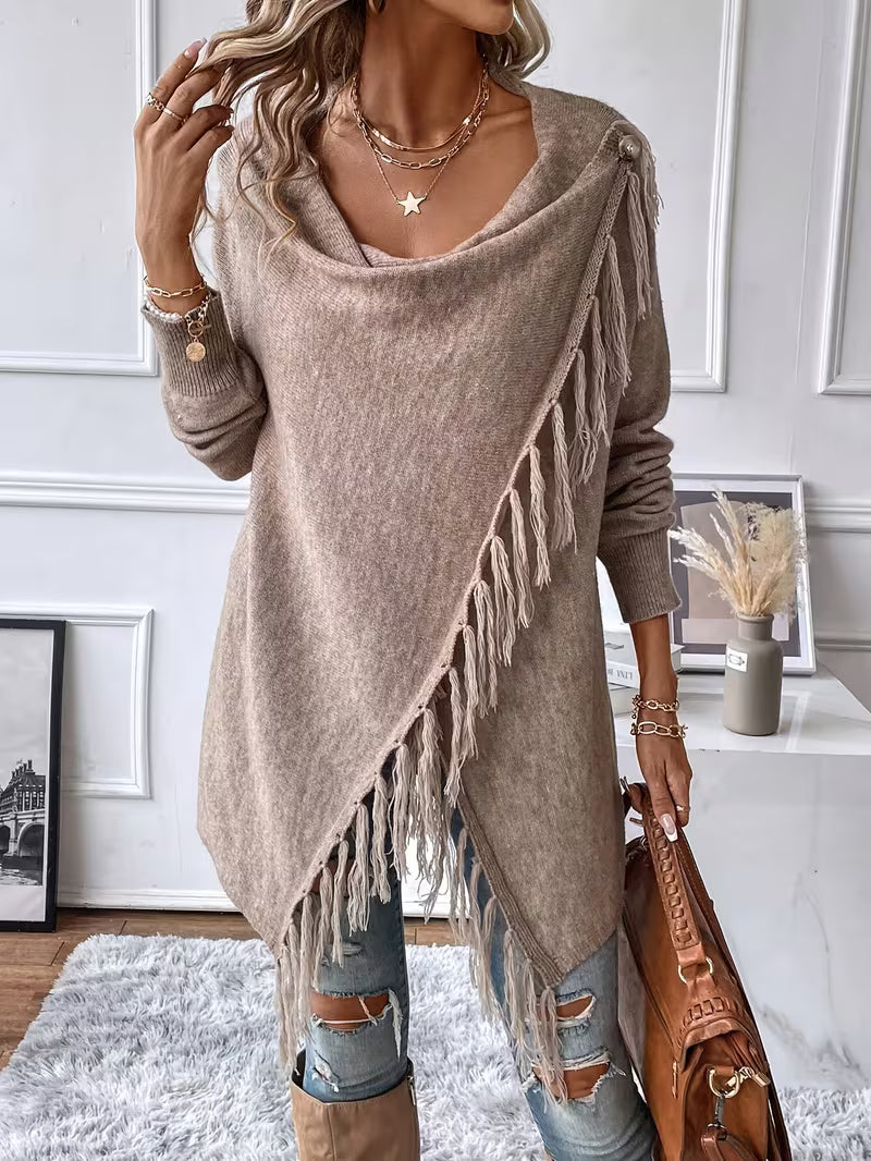 Sjoukje - Cardigan femme à col drapé asymétrique et franges décoratives