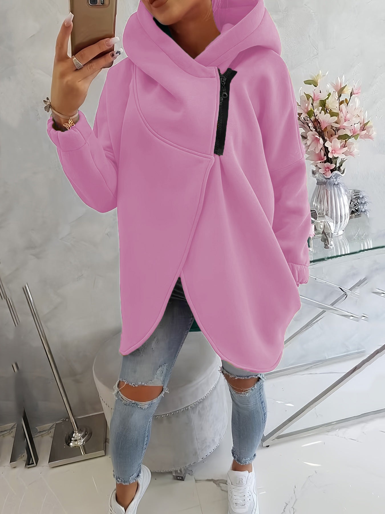 Quenlisse™ - Sweat à capuche zippé pour femme avec poches avant