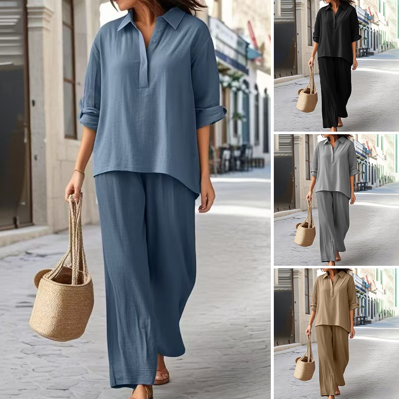 Floriane™ - Ensemble Chemise et Pantalon Large en Coton et Lin