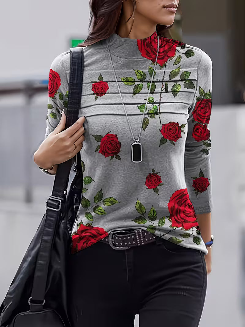 Tineke - Haut femme fleuri à manches longues et col montant