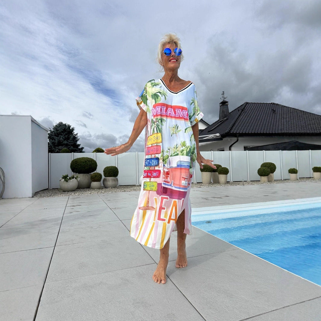 Cerelina™ - Robe d'été pour femme à manches courtes et décolleté en V, avec imprimé