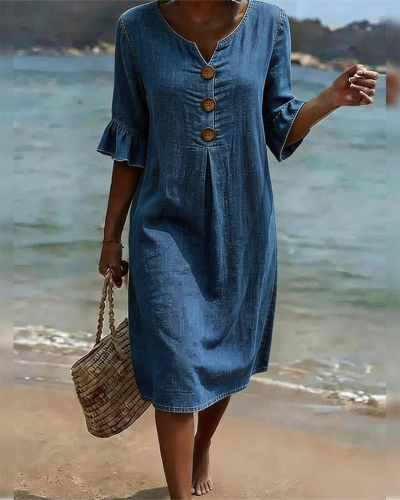 Fynorae™ - Robe femme en jean manches volants coupe fluide été plage