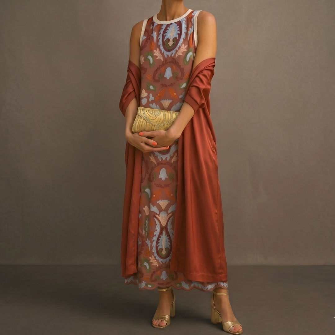 Dorynna - Ensemble Femme : Robe Longue Imprimée avec Gilet Assorti