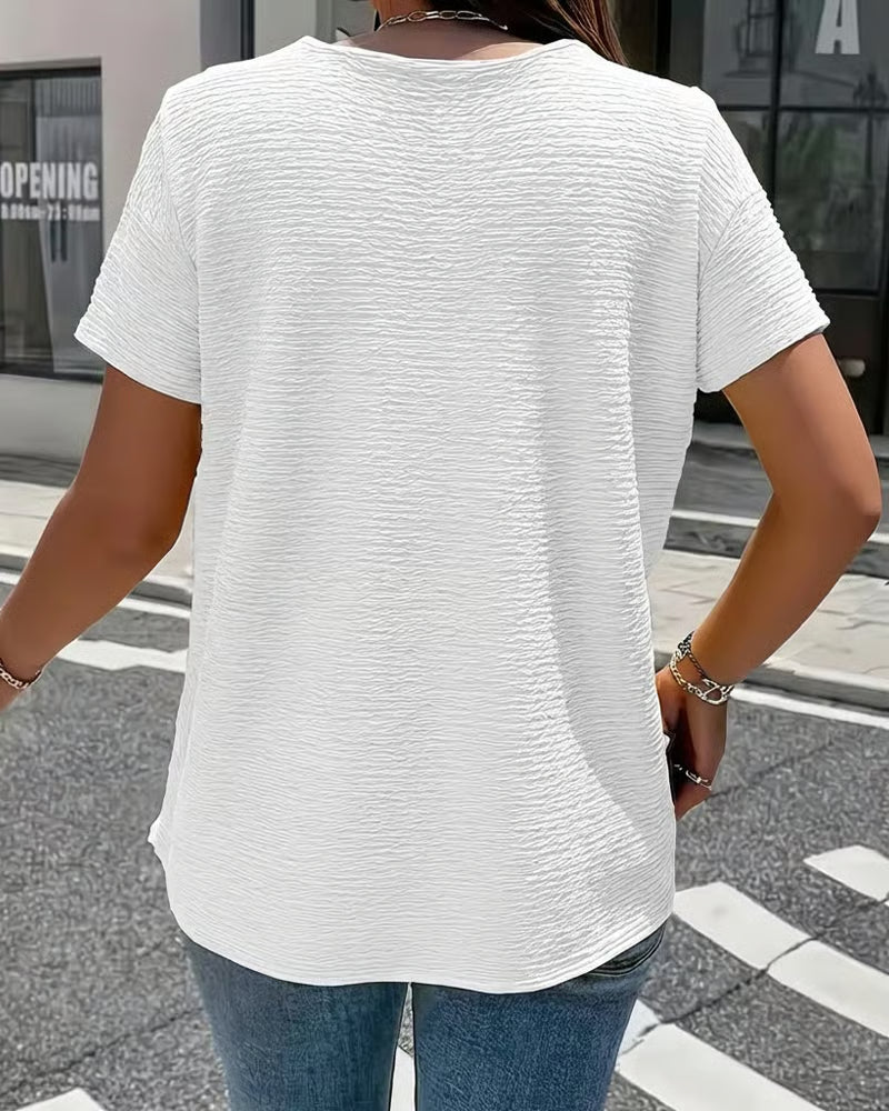 Syzelle™ - T-shirt femme col rond texturé manches courtes boutons décoratifs élégant