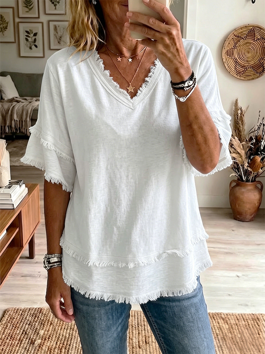 Jovrya™ - Top femme lin col V manches courtes coupe décontractée été