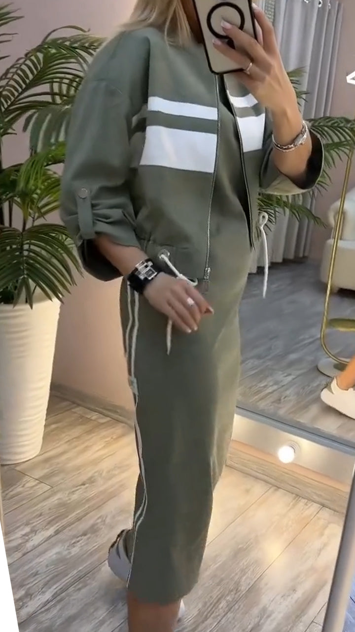 Pravella™ - Ensemble femme casual-chic avec robe midi à col rond et veste zippée