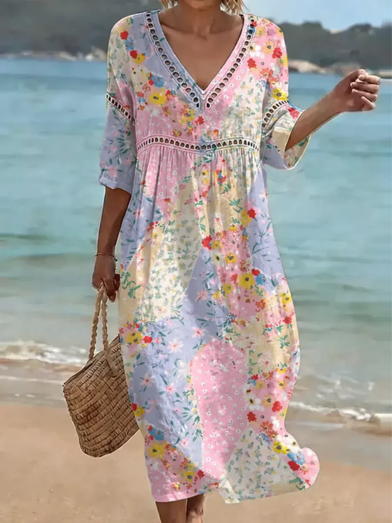 Bruneya™ - Robe femme patchwork florale fluide col V été plage