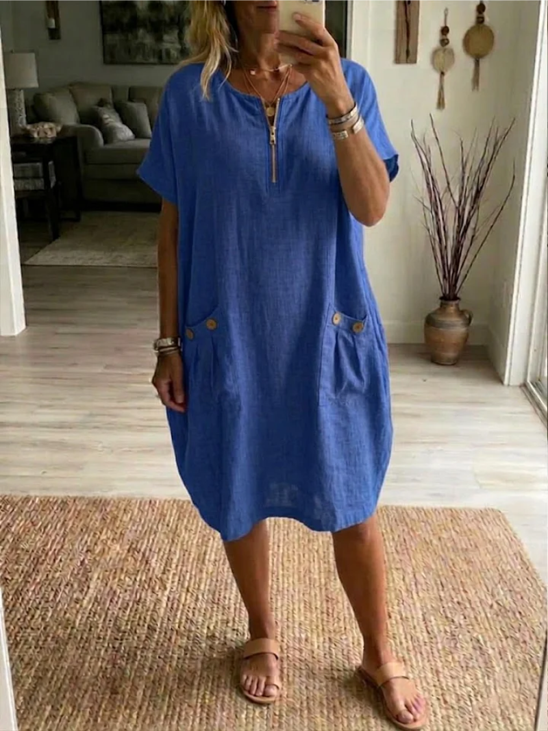 Sylexa™ - Robe Femme Coupe Ample Col Rond Zip Frontal Style Décontracté