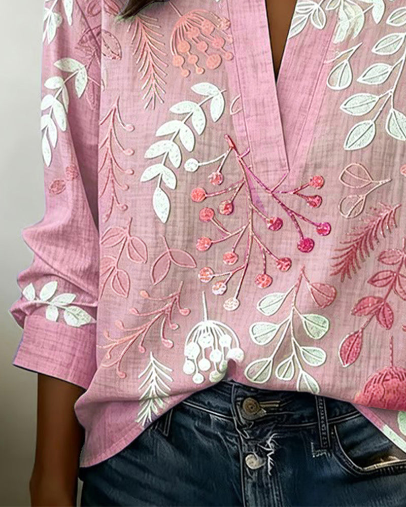 Drynora™ - Blouse femme imprimée florale col ouvert manches longues style élégant
