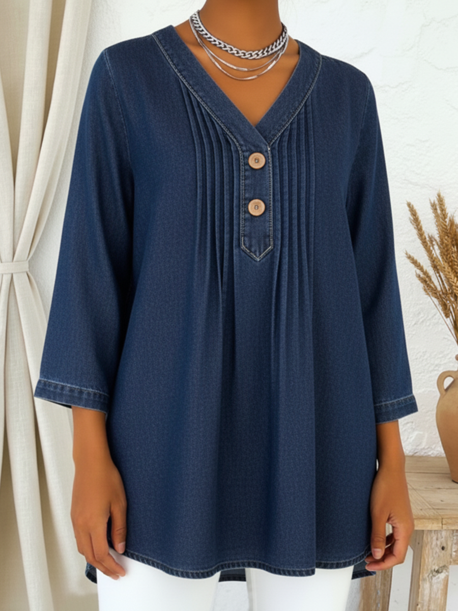 Avelynne - Blouse Denim Fluide à Col V