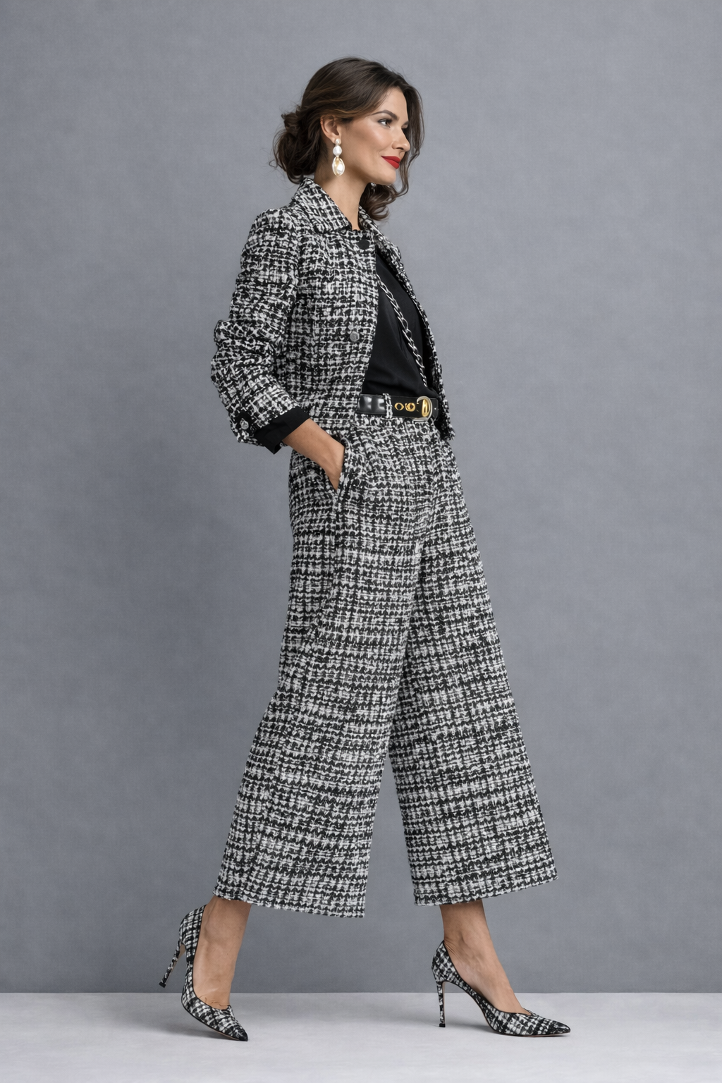 Luneth - Ensemble femme en tweed avec veste courte et pantalon large