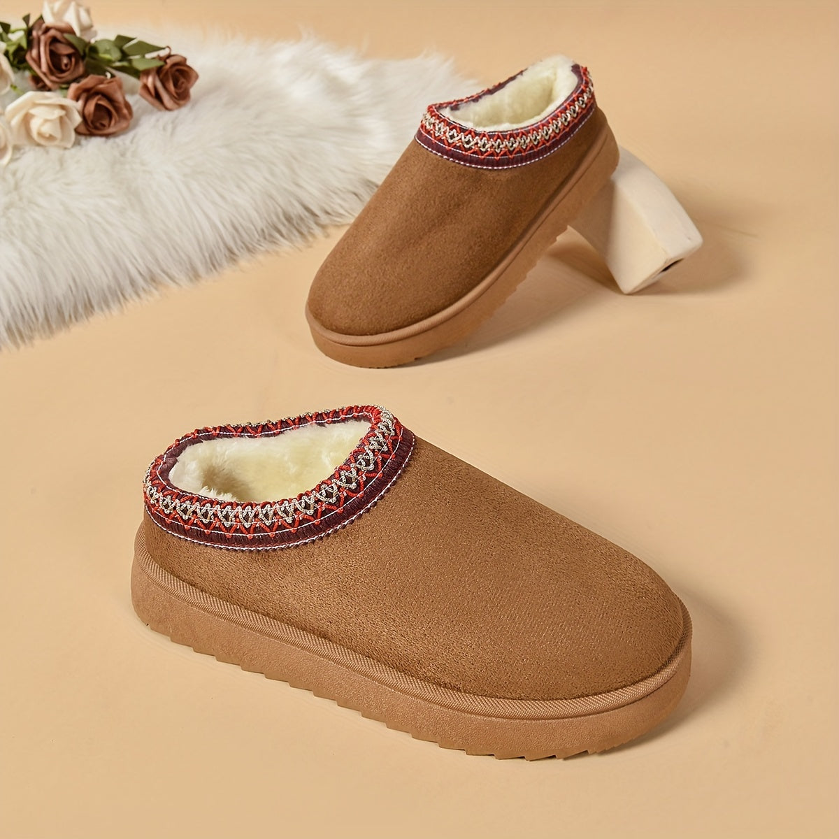 Ethnic-Inspired Slip-On Boots - Warm, Comfortable, Stylish, Faux Fur Lined, Low Heel, Black and Brown