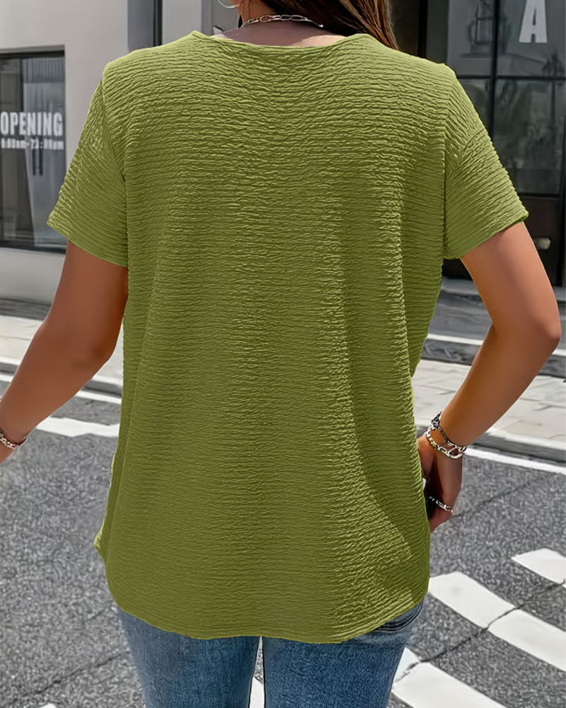 Syzelle™ - T-shirt femme col rond texturé manches courtes boutons décoratifs élégant