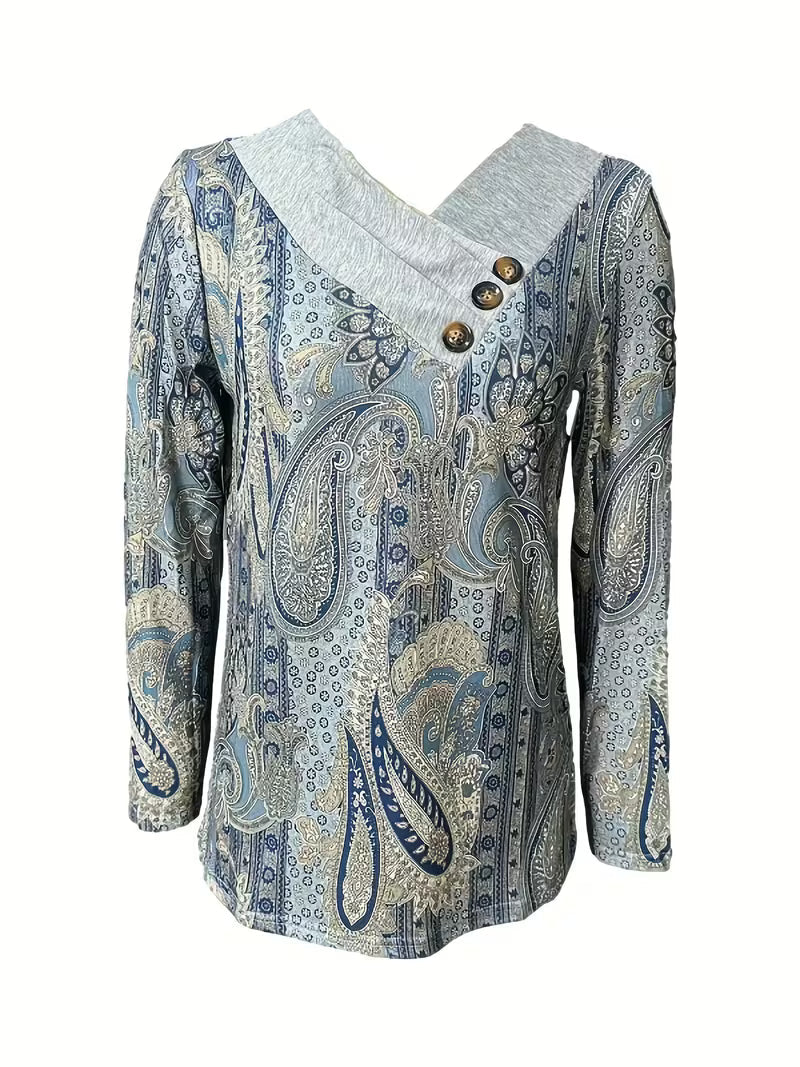 Marije - Haut femme imprimé paisley avec col drapé boutonné