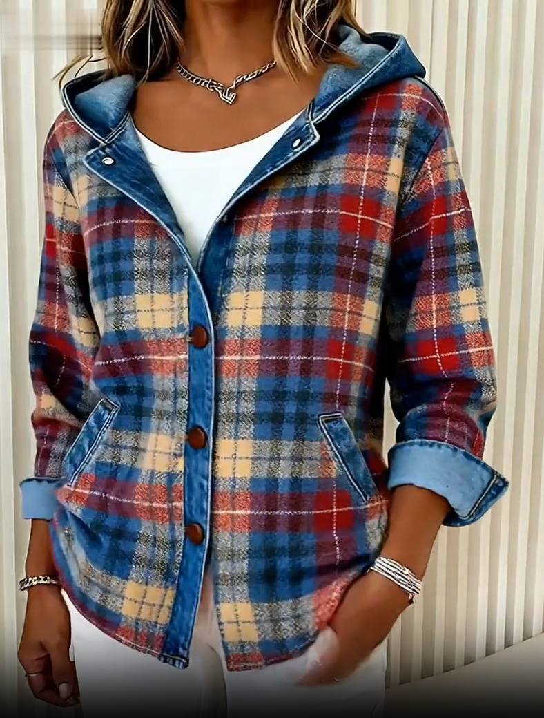 Nadrina™ - Veste en Jean à Capuche et Motif à Carreaux Contrastés
