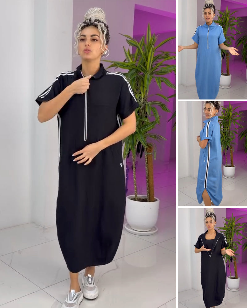 Gavrixa™ - Robe femme longue zippée col montant coupe fluide style sport chic confortable