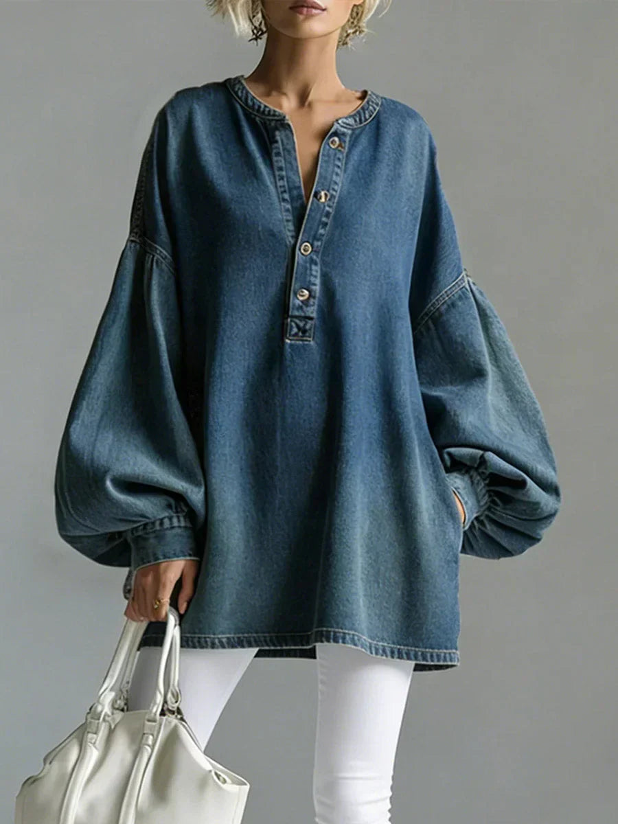 Alyvera™ - Blouse Oversize en Denim à Manches Bouffantes