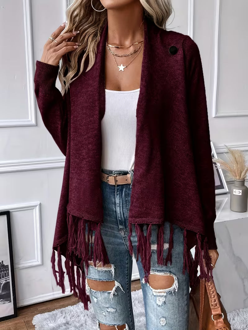 Sjoukje - Cardigan femme à col drapé asymétrique et franges décoratives