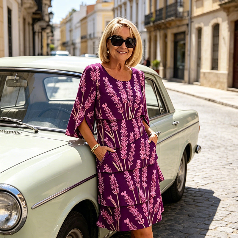 Elyvane™ - Robe femme mi-longue à volants imprimé floral manches fendues