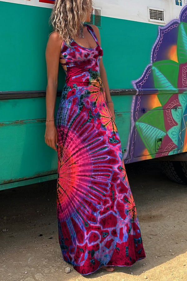 Junaria™ - Robe maxi avec imprimé tie-dye, lacée à l'arrière, extensible (avec soutien-gorge intégré)