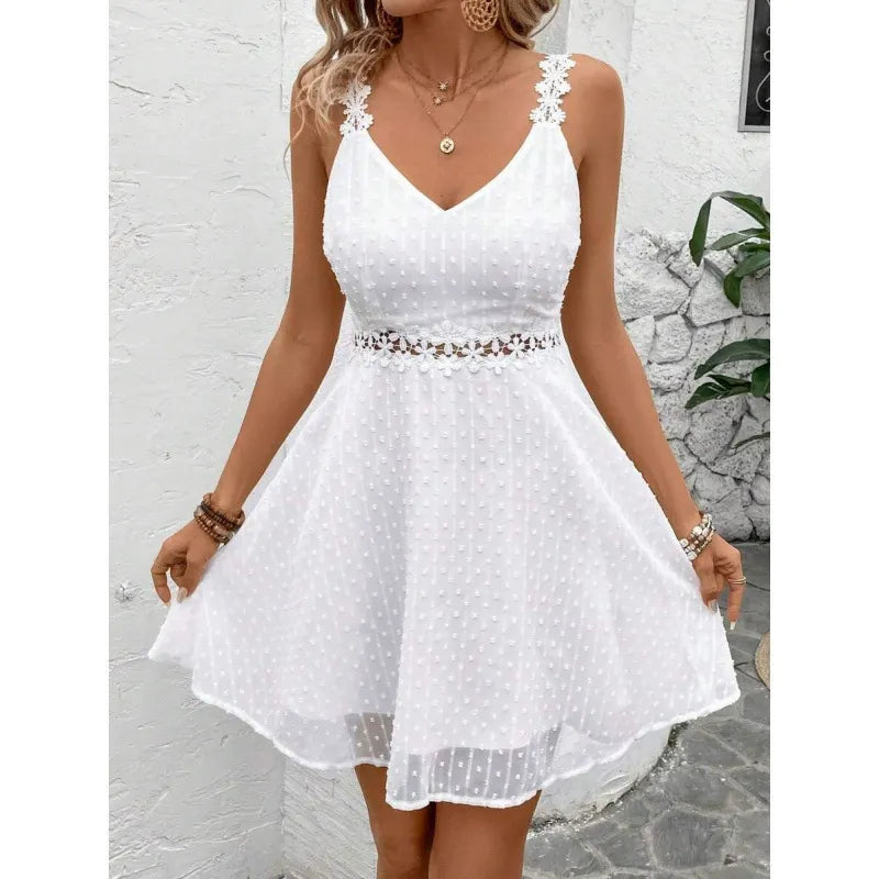 Lysa - Robe mini blanche femme à pois plumetis avec bretelles en dentelle