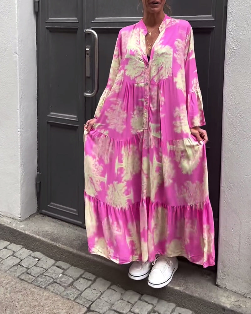 Greta™ - Robe Patchwork Ample avec Col en V et Manches Cloches Imprimées