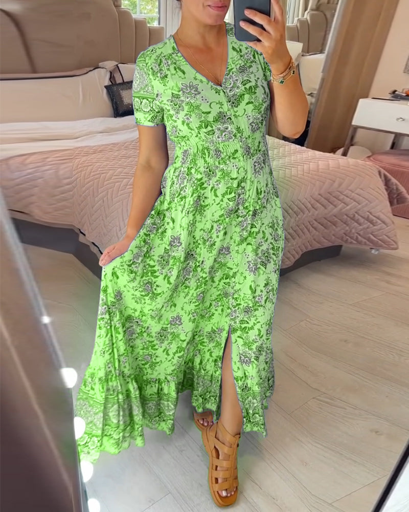 Denise™ - Robe Maxi à Imprimé Floral et Décolleté en V