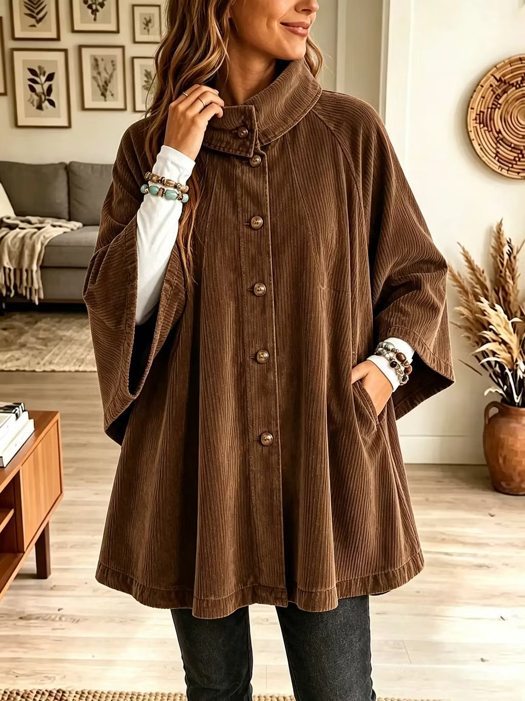Titia - Manteau cape femme oversize en velours côtelé à col rabattu