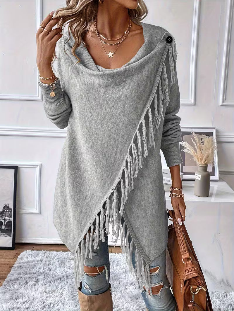 Sjoukje - Cardigan femme à col drapé asymétrique et franges décoratives