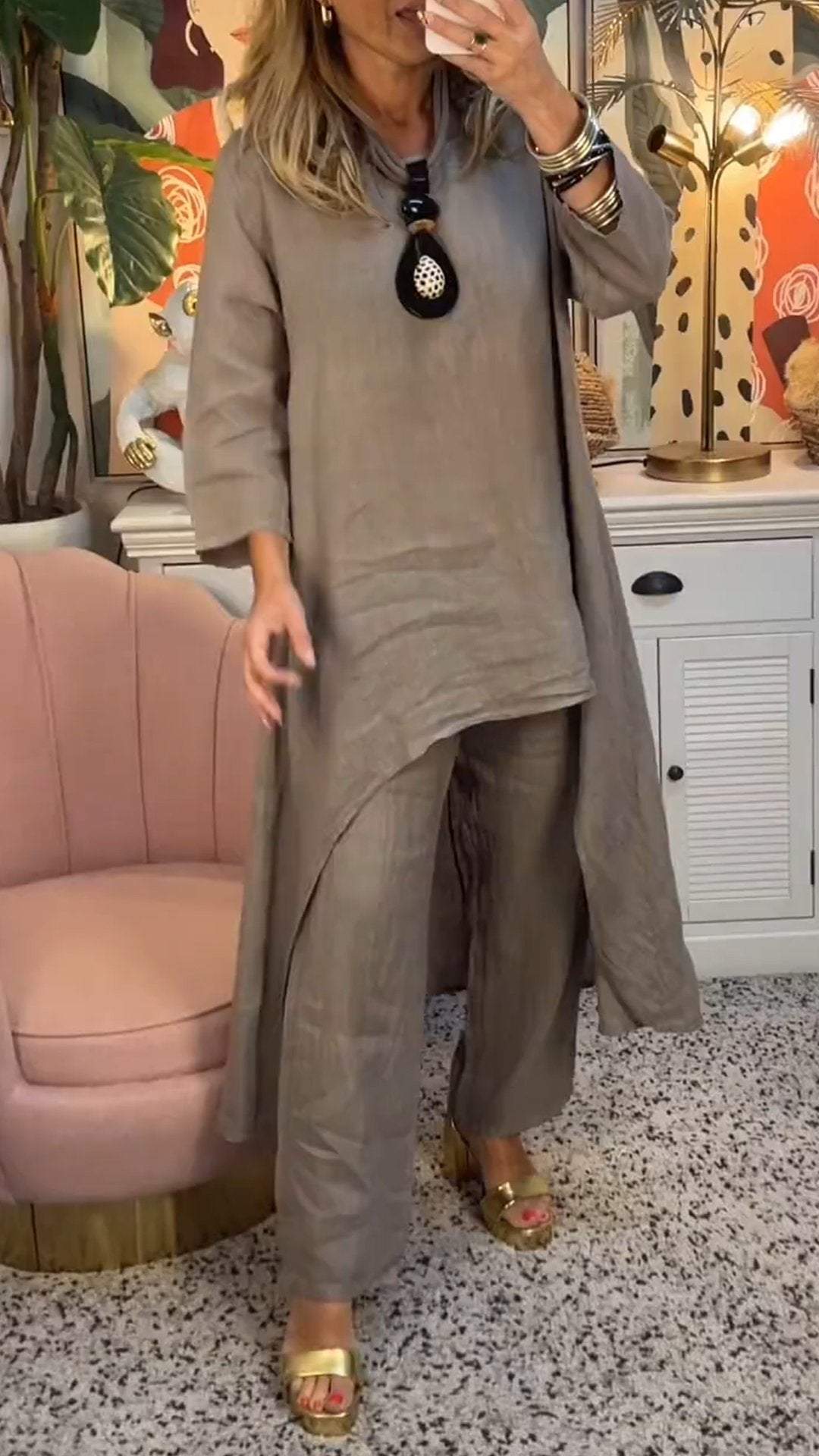 Melantha™ - Ensemble Deux Pièces Coton et Lin à Décolleté Rond Manches Longues