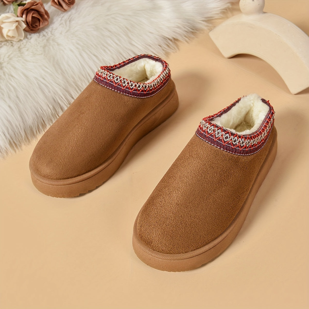 Ethnic-Inspired Slip-On Boots - Warm, Comfortable, Stylish, Faux Fur Lined, Low Heel, Black and Brown