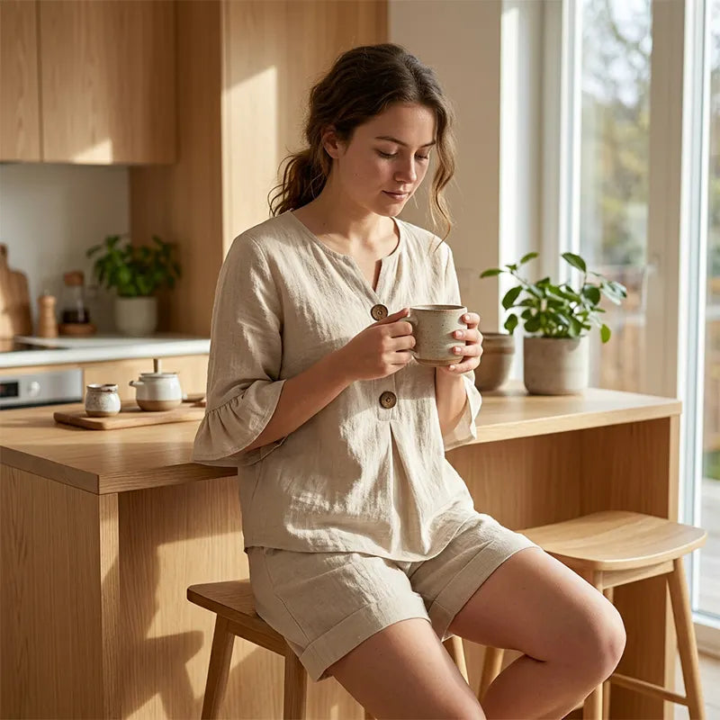Telora - Ensemble femme en coton avec haut boutonné et short