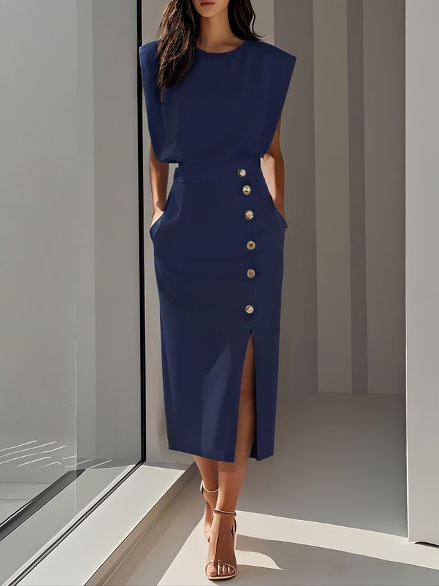 Floralia™ - Robe midi unie avec fente à boutons et décolleté rond