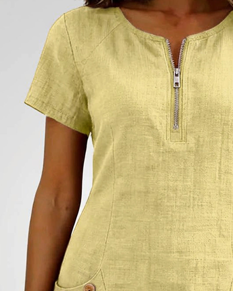 Kovira™ - Robe Courte Coton Lin avec Fermeture Éclair et Poches