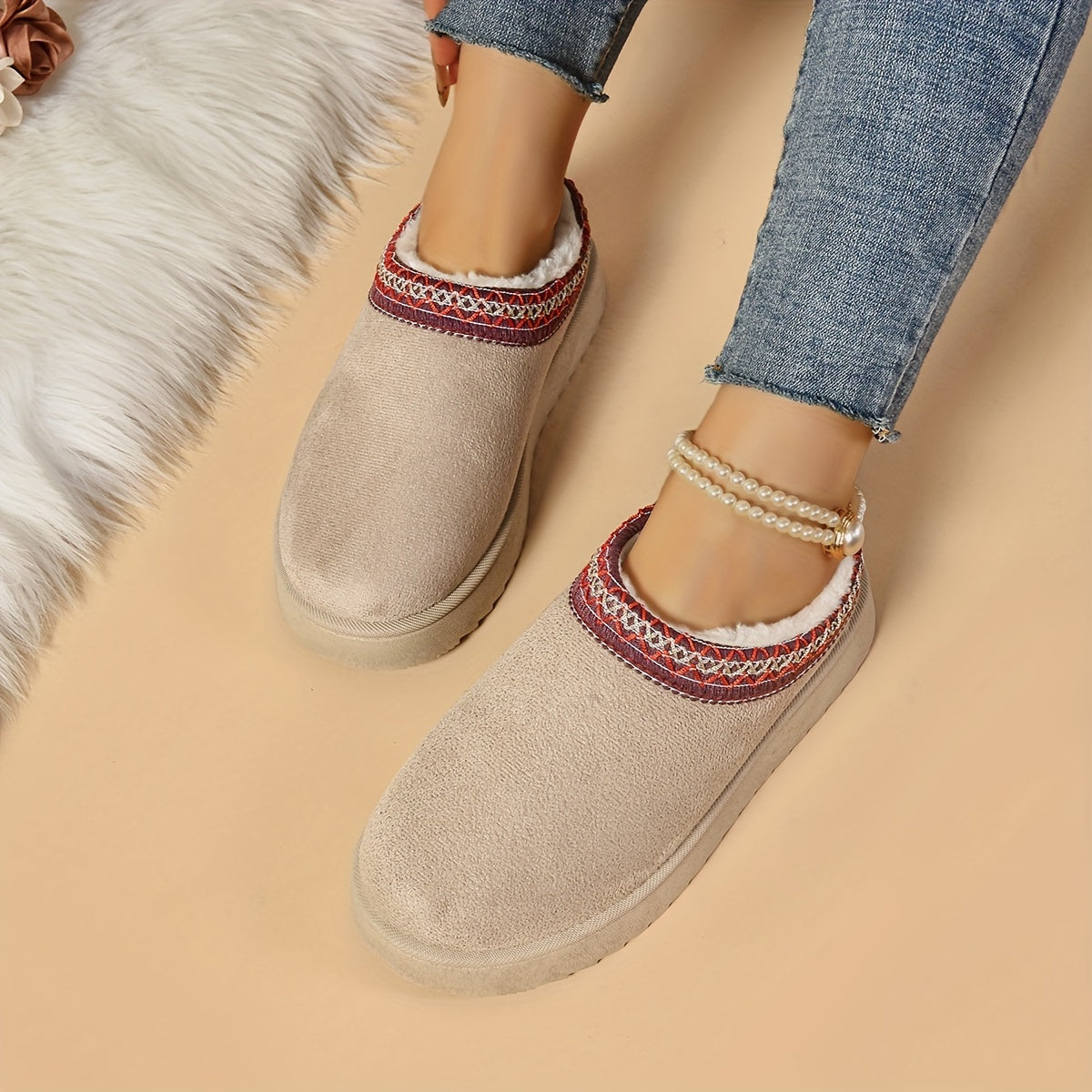 Ethnic-Inspired Slip-On Boots - Warm, Comfortable, Stylish, Faux Fur Lined, Low Heel, Black and Brown